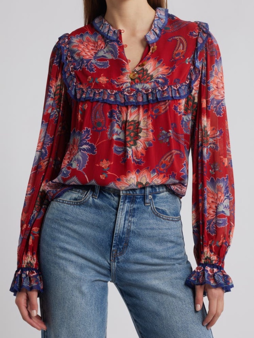 FARM Rio Red Floral Ruffle Yoke Long Sleeve Blouse